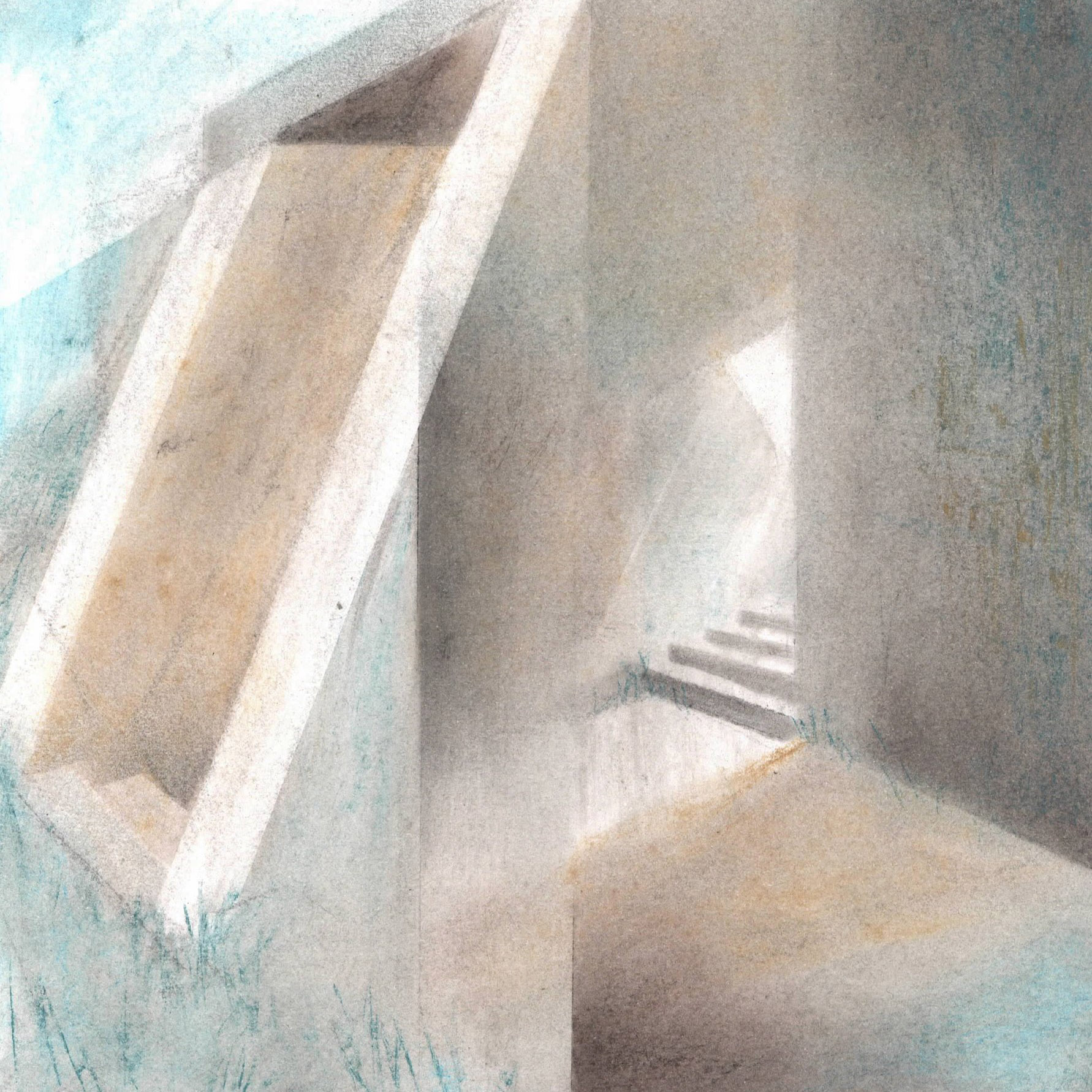 An abstracted image of straight lines and edges which suggest the top few steps of a staircase in greys, taupe, and teal green.