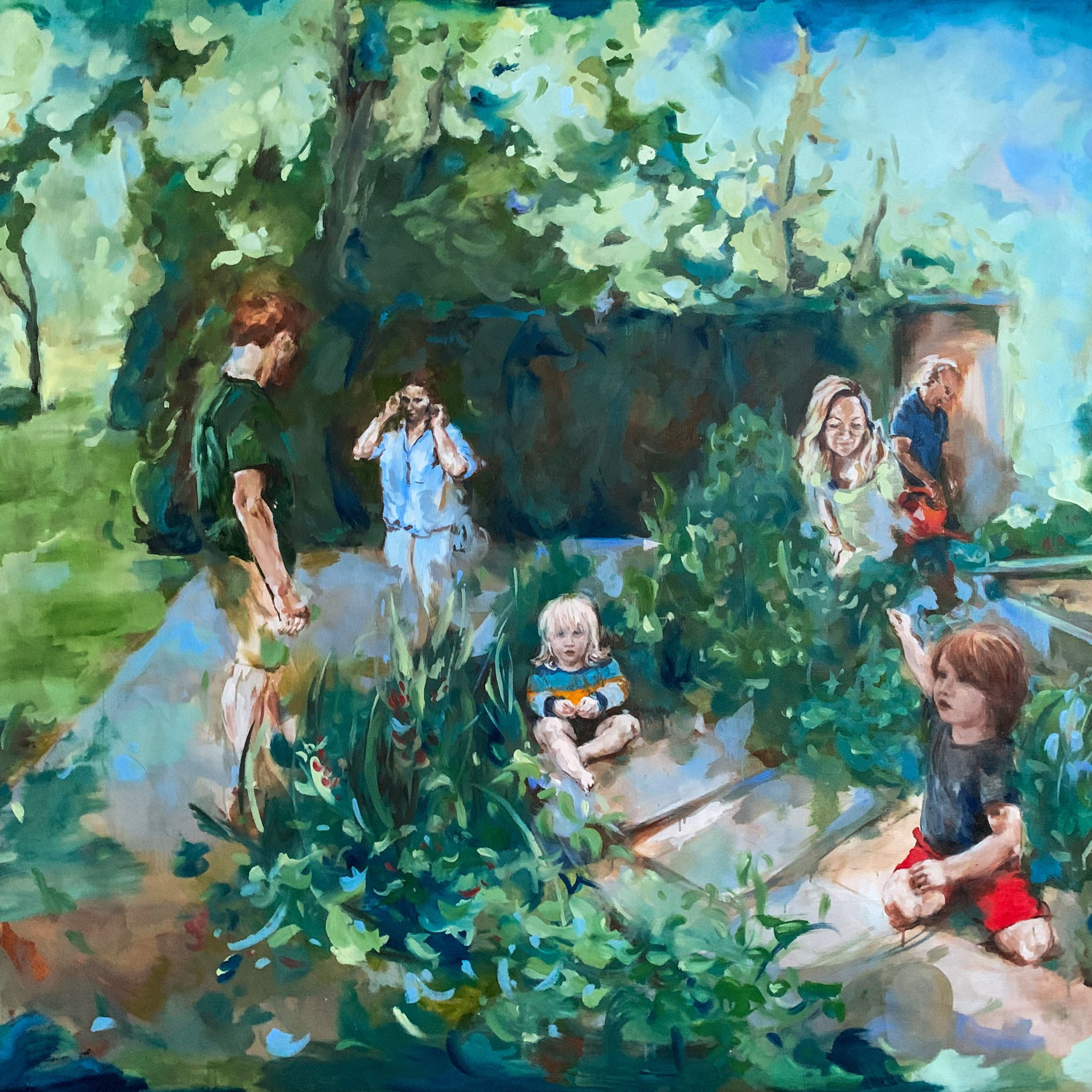 An impressionistic image of 6 human figures seated or standing in a lush green garden with a bright turquoise blue 