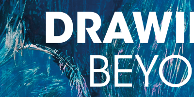 The words "Drawing Beyond" in white bold text over top of a blue and multi-coloured abstract painting.