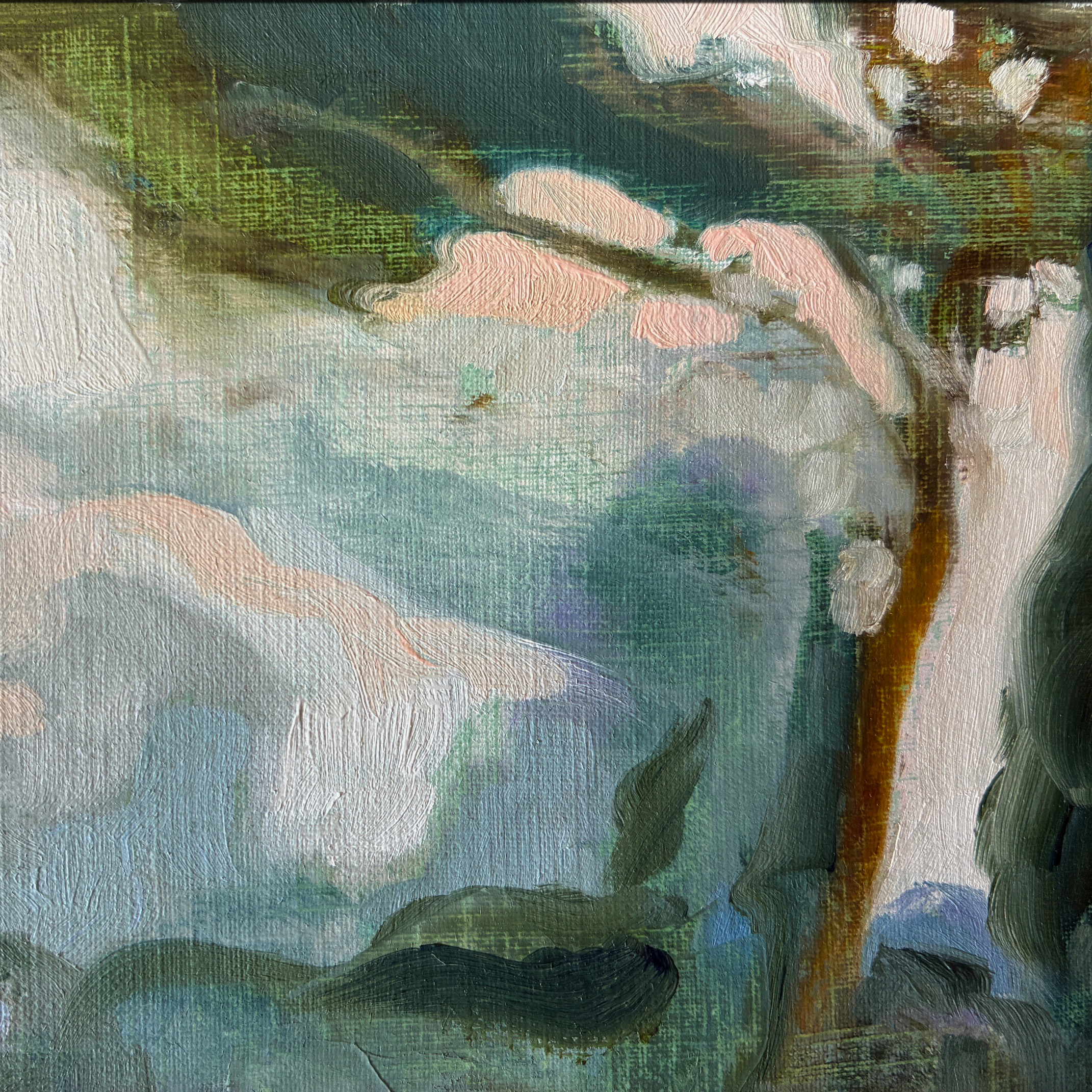 This image shows an abstract landscape painting of a tree on the right side, with branches reaching to the left side, with colour blue, green, and pale pink.