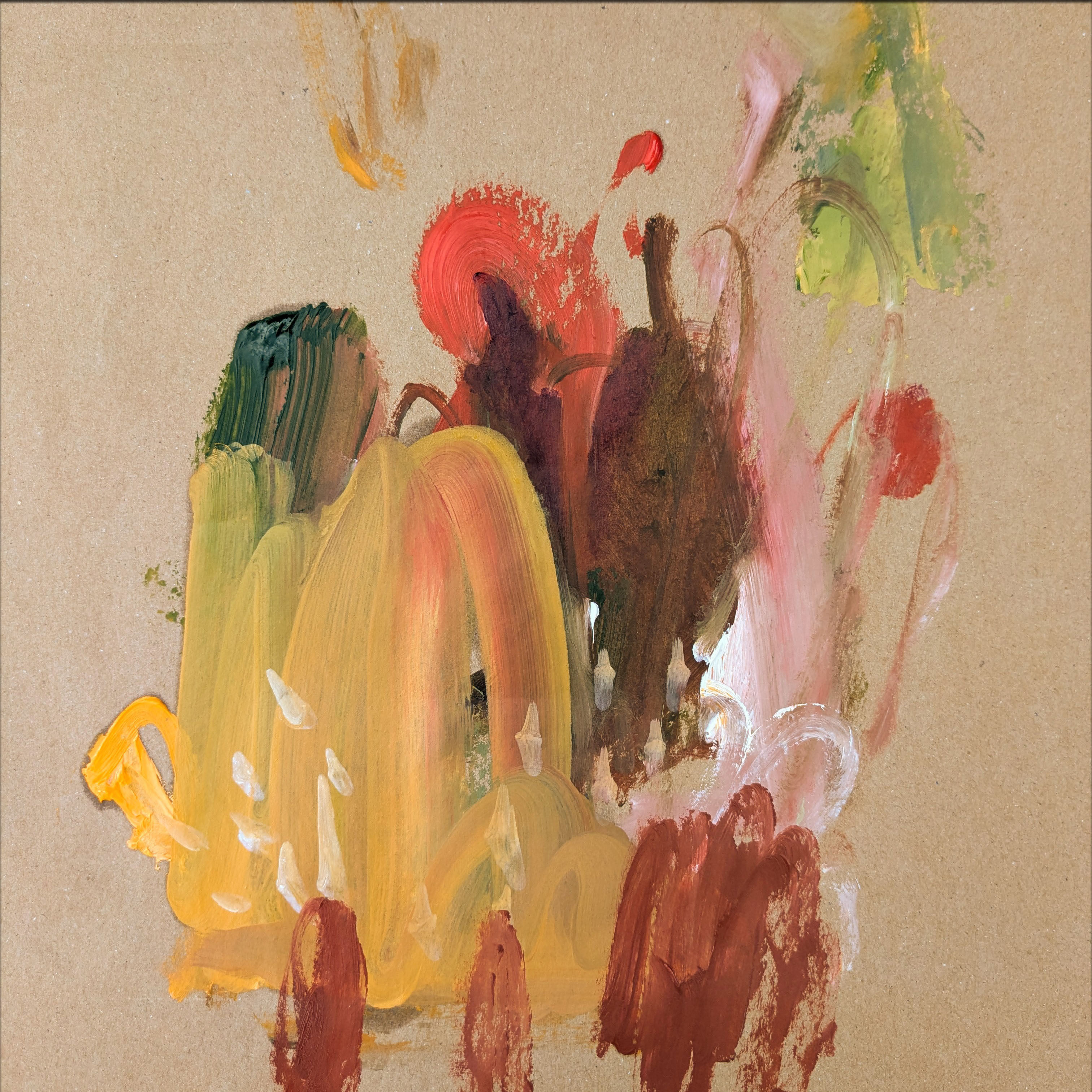 An abstract painting of loose and broad brush marks of yellow, green, burnt sienna, raw umber brown, and red on a light tan board or card. The marks are loosely suggestive of a landscape.